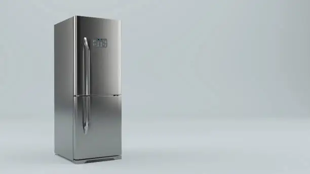 Photo of Modern stainless Fridge Refrigerator freezer on a gray background, mockup layout banner. 3d rendering