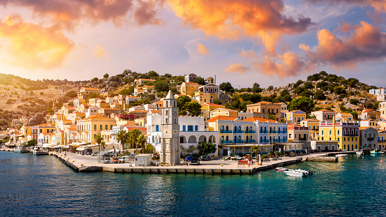 A Closeup View of Houses at the Port of Symi Greece in the Late Afternoon