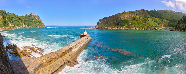 Panoramic view of  the Outer dock of the Port of Pasajes at the mount of the Pasaia river. Puntas de San Pedro, Pasajes, Gipuzkoa, Basque country, Spain.