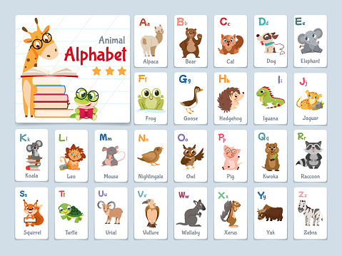 Alphabet flash cards for learning letters in kindergarten children. Kids ABC flashcard with cartoon animals. Cute characters and english words for pupils in school. Educational preschool vector set.