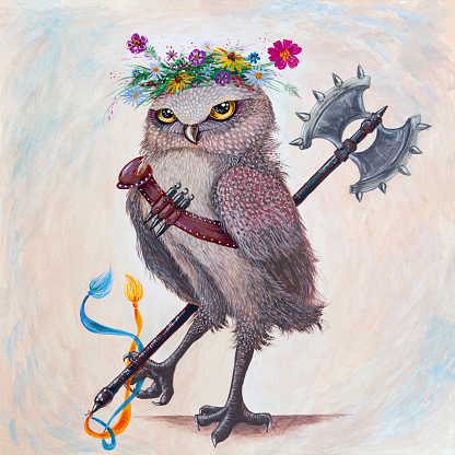 Brave burrowing owl fantasy warrior wearing flower wreath. Medieval female knight with spiked labrys axe and Ukrainian flag colored ribbons.