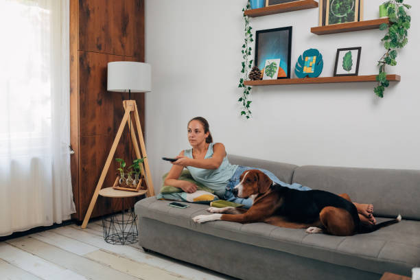 istock Millennial woman holding a remote control while lying on the sofa bed with her dog 1419106755