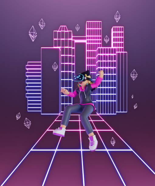 istock female wearing VR in city metaverse vertical. 3d rendering 1419107174
