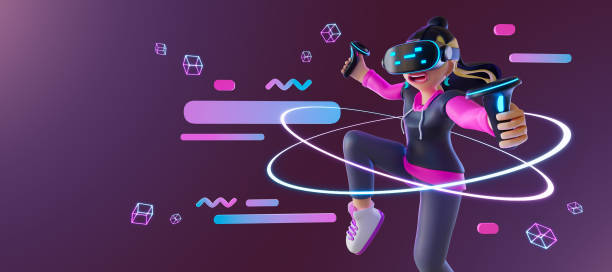 istock female wearing VR with holding a controller having fun in the world of metaverse. 3d rendering 1419107700