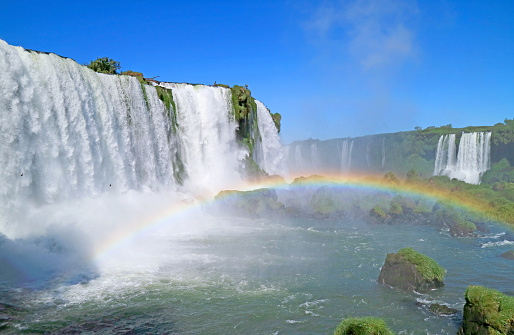 Incredible Rainbow over the Powerful Iguazu Falls at Brazilian Side, Foz do Iguacu, Brazil, South America