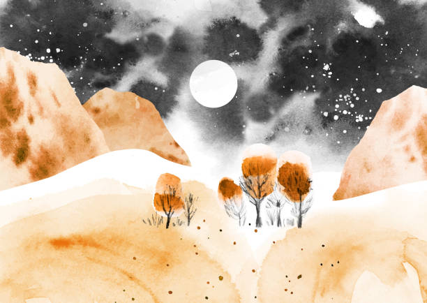 Jesienny krajobraz wektorowy z górami, drzewa pod nocnym niebem z księżycem. Kolaż z akwarelową teksturą. Wszystkie elementy są pojedynczymi obiektami – artystyczna grafika wektorowa