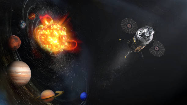 Spaceship flies outside the solar system. Elements of this image furnished by NASA. stock photo