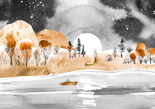 Autumn romantic watercolor hand drawn vector landscape with mountains, boat and river under night sky with moon. Illustration in black and brown colors for poster, banner, card