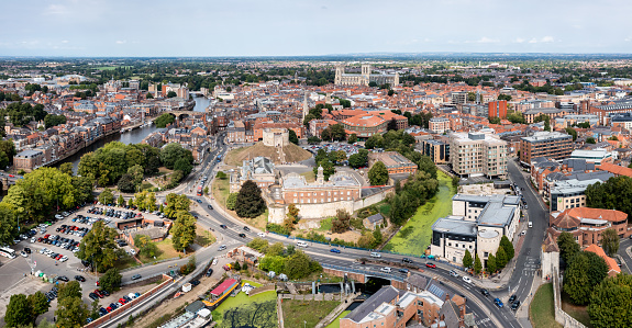 York, UK - August 28, 2022.  An aerial landscape view of York city centre and Minster church in North Yorkshire