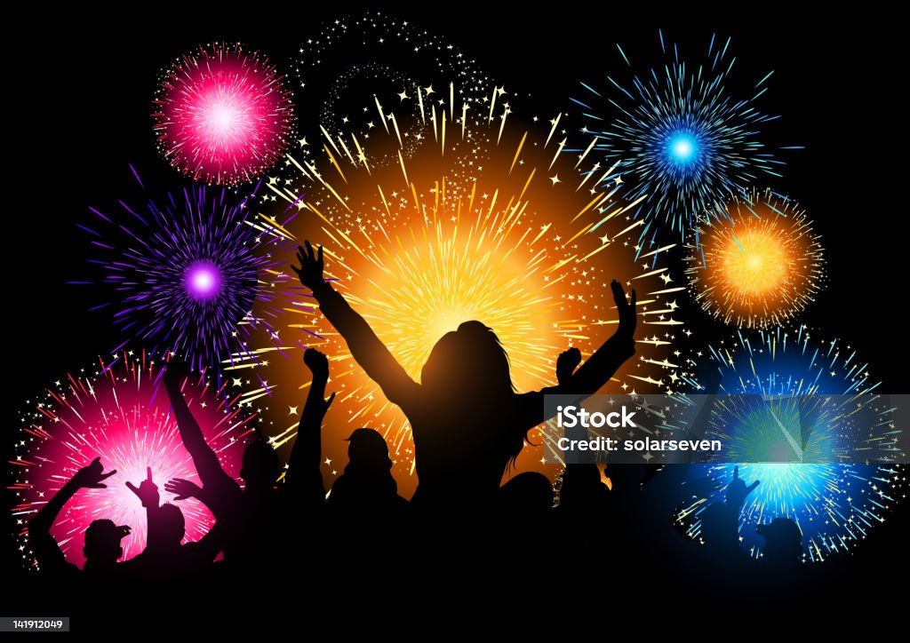 Fireworks Night Party A crowd of people cheering at a fireworks display. Firework Display stock vector