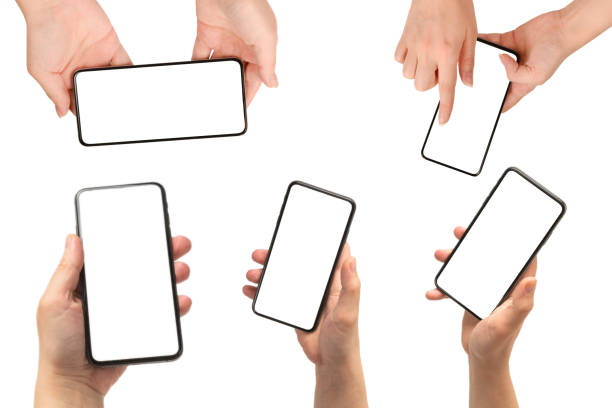 istock Smart phone in man hand isolated on white background.  White screen. 1419121383