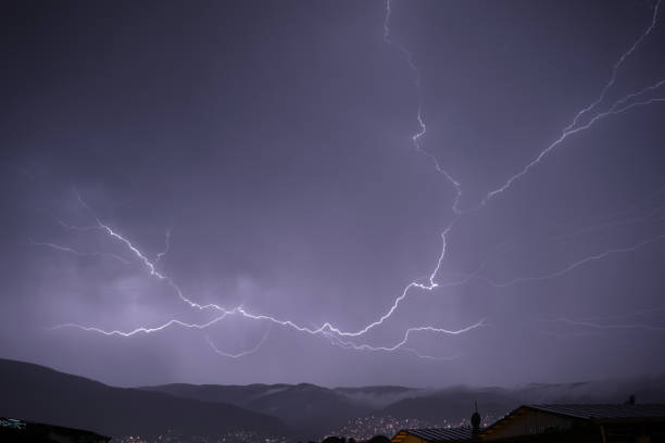 istock lightning in the night sky, Huge lightning during rainy day in Burs 1419124800