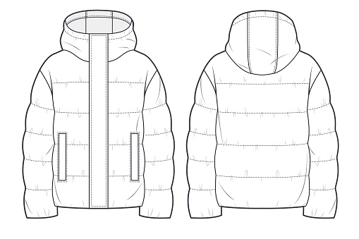 Unisex quilted padded Jacket technical fashion Illustration. Hooded crop puffer down Jacket technical drawing template, long sleeve, pocket, front and back view, white, women, men, unisex CAD mockup.