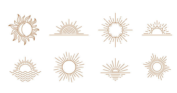 ilustraciones, imágenes clip art, dibujos animados e iconos de stock de diseño de logotipo de sun en estilo de línea moderna simple. conjunto vectorial de elementos boho con puesta de sol mínima, amanecer, camiseta solar. símbolo esotérico mágico místico - tatuajes del sol