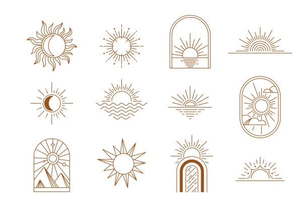 Sun, moon nature logo design in simple modern line style. Boho element vector set with minimal sunset, sunrise, sunshine. Mystic magic esoteric symbol Sun, moon nature logo design in simple modern line style. Boho element vector set with minimal sunset, sunrise, sunshine. Mystic magic esoteric symbol. sun tattoos stock illustrations