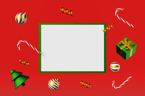istock Christmas greeting card mockup fir tree ball candy cane gift box ribbon bow 3d rendering. Board template red background. 1419126586