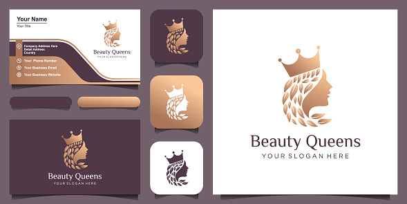 woman with crown logo design. leaf hair concept icon vector illustration