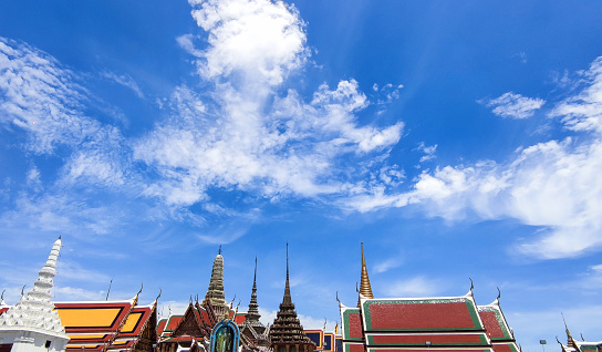 Scenic view of white cloud and clear blue sky over the Thai Temple in a sunny day.