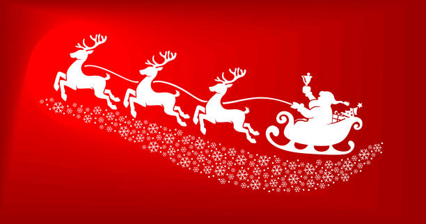 Santa Claus in sleigh with reindeer Santa Claus silhouette flying over snowflakes in sleigh full of gifts with reindeers . Merry christmas and Happy new year decoration. Red Vector background santa sleigh cutout stock illustrations
