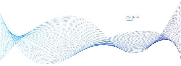 Vector illustration of Blue dots in motion vector abstract background, particles array wavy flow, curve lines of points in movement, technology and science illustration.