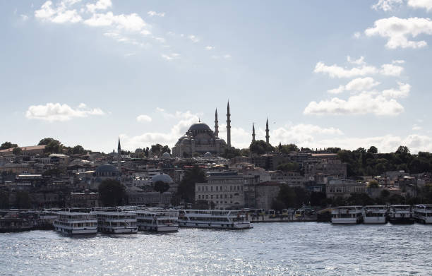 イスタンブールのボスポラス海峡のゴールデンホーン部分にある駐車されたツアーボートの眺め。ヤヴズ・スルタン・セリムと呼ばれる歴史的なモスクが見えます。 - mosque europe part of day ストックフォトと画像