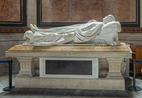 London, England, UK - July 6, 2022: St. Paul's Cathedral. Closeup of Bishop Carolus Jacobus Blomfield memorial is white lying down white marble statue of the man on his tomb.