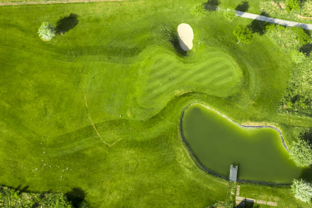 istock Golf course with sand bunker and green grass, aerial view 1419136367