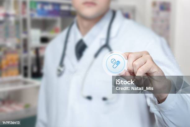 Pharmacist Showing Pills Icon Stock Photo - Download Image Now - Pill, Preparation, White People