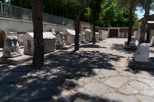 Konya , Turkey - May 13, 2022: statues on outdoor yard of Konya Archaeological Museum. The Gallery is a state museum, it was established in 1901, its present location from 1962