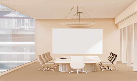 Telemeeting inside a conference office. Concept of teleconferences and remote work meetings. 3D render.