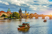 Charles Bridge sunset view of the Old Town pier architecture, Charles Bridge over Vltava river in Prague, Czechia. Old Town of Prague with Charles Bridge, Prague, Czech Republic.