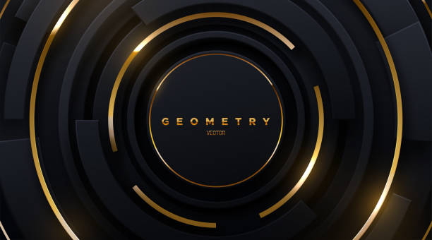 istock Black concentric radial shapes with gold sparkling stripes. Abstract futuristic background. 1419144021