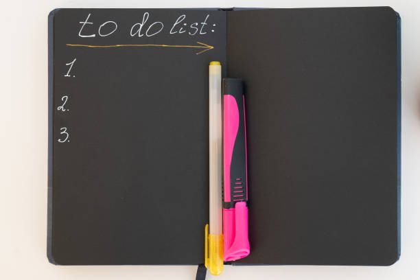 istock top view on work desk table, notebook planner with black pages with written phrase 