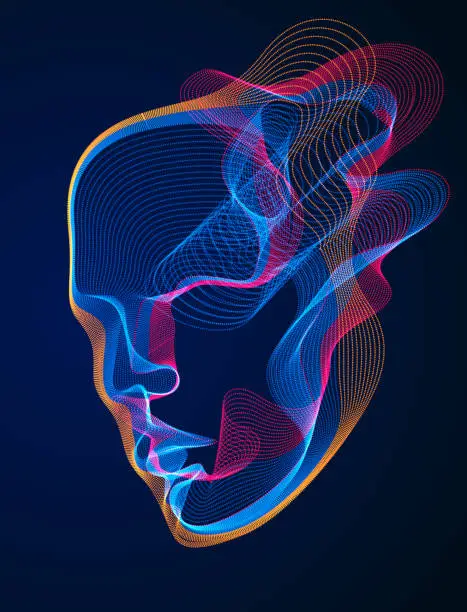 Vector illustration of Digital soul of machine, Artificial Intelligence software visualization of human head made of dotted particles flowing wave lines array. Technical era period of evolution.