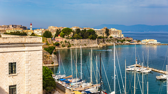 The old Venetian fortress of Corfu town, Corfu, Greece. The Old Fortress of Corfu is a Venetian fortress in the city of Corfu. Venetian Old Fortress (Palaio Frourio), Corfu, Ionian Islands, Greece