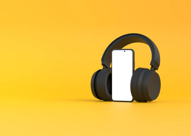 istock Wireless headphones with smartphone on a yellow background 1419145710