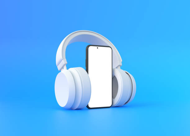 istock Wireless headphones with smartphone on a blue background 1419145939