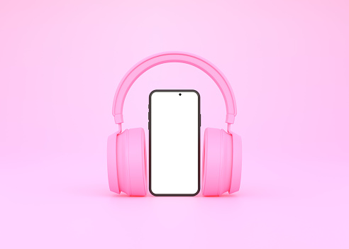 Wireless headphones with smartphone on a pink background. Concept for online music, radio, listening to podcasts, books. 3d rendering illustration
