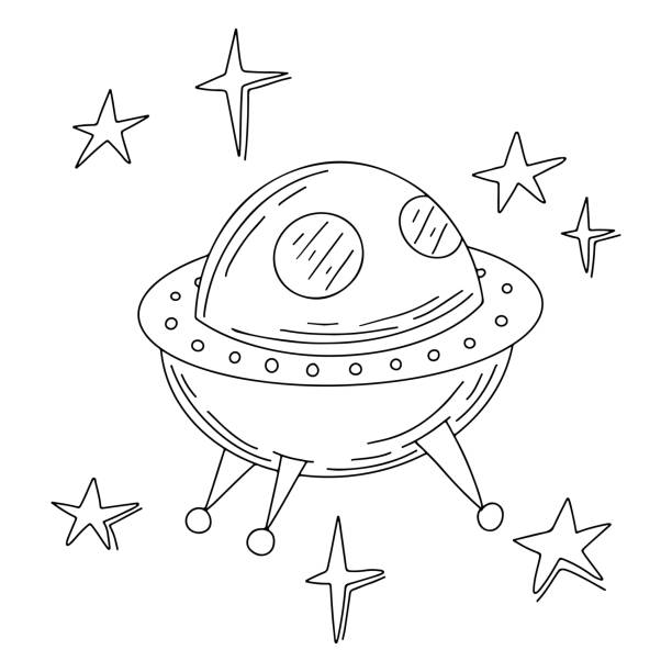 illustrazioni stock, clip art, cartoni animati e icone di tendenza di giocattolo ufo nave spaziale in mano disegnato doodle tyle. nave spaziale aliena. oggetto volante sconosciuto futuristico. illustrazione vettoriale isolato su sfondo bianco. - tyle