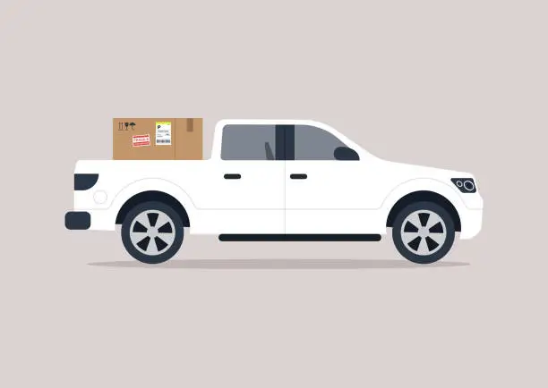 Vector illustration of A side view of a big pick up truck loaded with a cardboard box, a cargo transportation concept