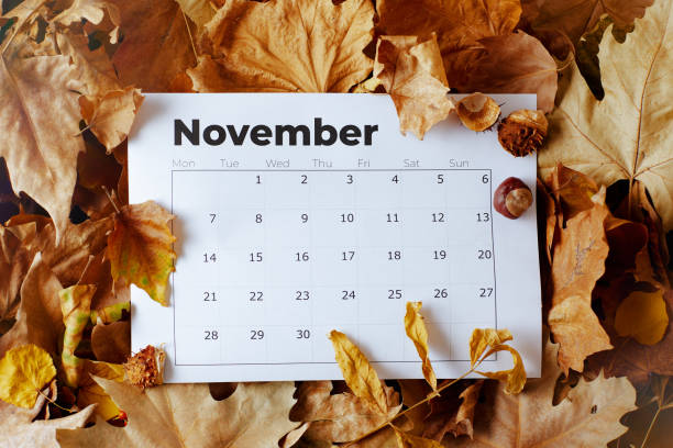 herbsthintergrund mit novemberkalender und blättern - november stock-fotos und bilder