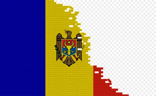 Vector illustration of Moldova flag on broken brick wall.