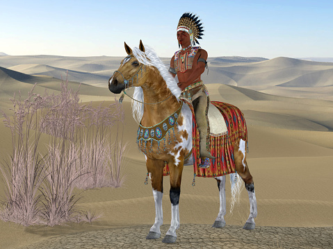 An American Indian rides his paint horse in a desert landscape with war paint on his face.