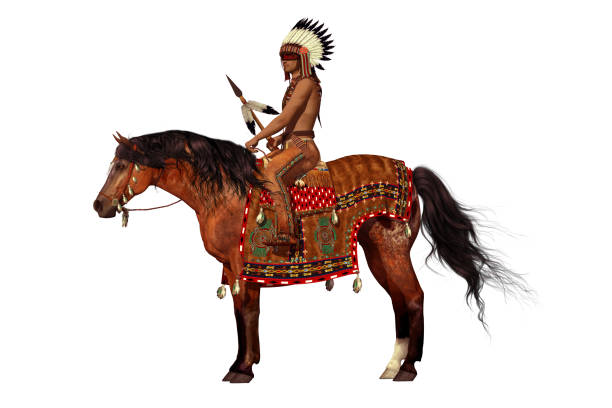 Proud Eagle on White An American Indian rides his Appaloosa horse with war paint on his face and a spear in his hand. appaloosa stock pictures, royalty-free photos & images
