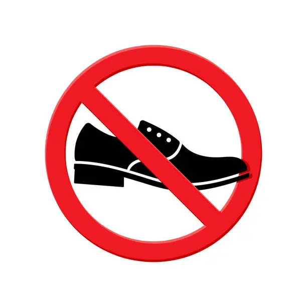 Vector illustration of take off your shoes sign, shoe silhouette with a red crossed out circle, no-shoes policy, Schild Schuhe verboten