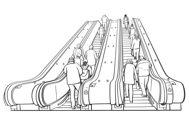 IMG_2597 Two sets of escalator with people going up on both sides, like you would see in an indoor mall situation person walking up stairs from behind stock illustrations