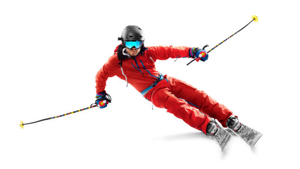 スキースポーツ。正面図。動作中。赤いスキースーツを着たスポーツマン。分離 - action snow adult skiing ストックフォトと画像