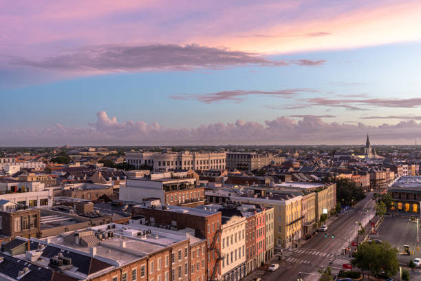 Vibrant Sunrise Over the French Quarter of New Orleans, Louisiana stock photo