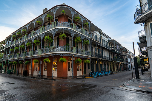 The famous intersection of St. Peter and Royal streets in the historic French Quarter of New Orleans, Louisiana.
