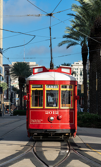 The famous red Canal Streetcar Line in downtown New Orleans, Louisiana.